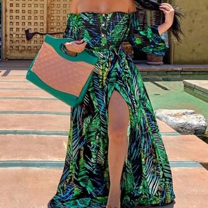 Off Shoulder High Slit Bell Sleeve Palm Leaf Print Dress